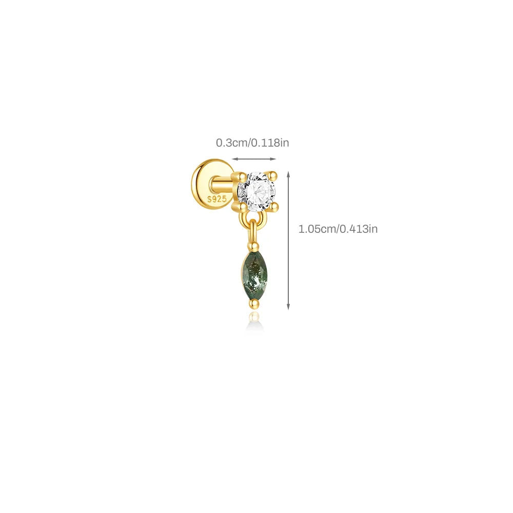 Gold earring with green gemstone and measurements on a white background