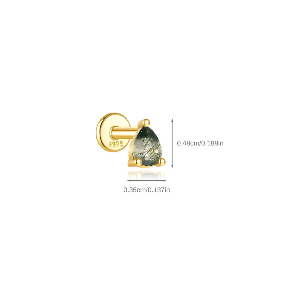 Gold earring with moss agate gemstone and size measurements on a white background