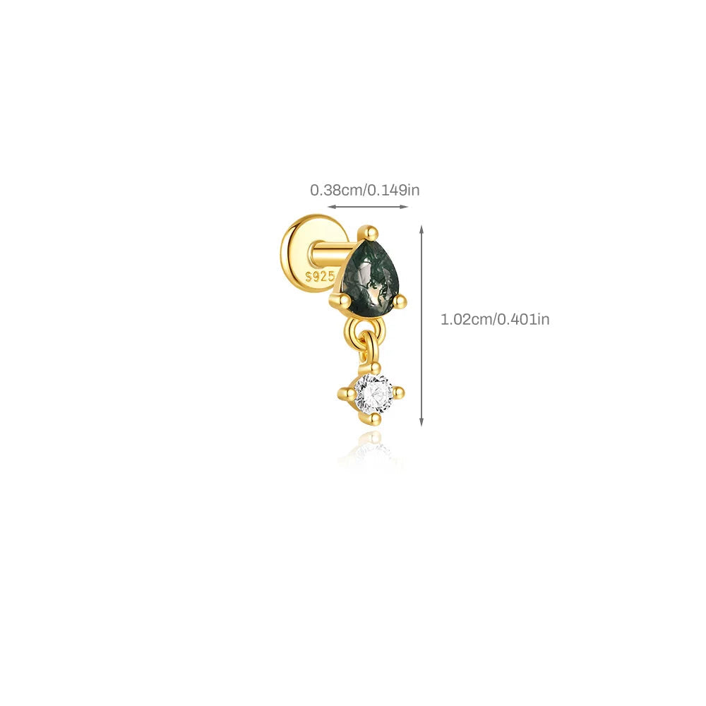 Gold earring with gemstones and measurements on a white background