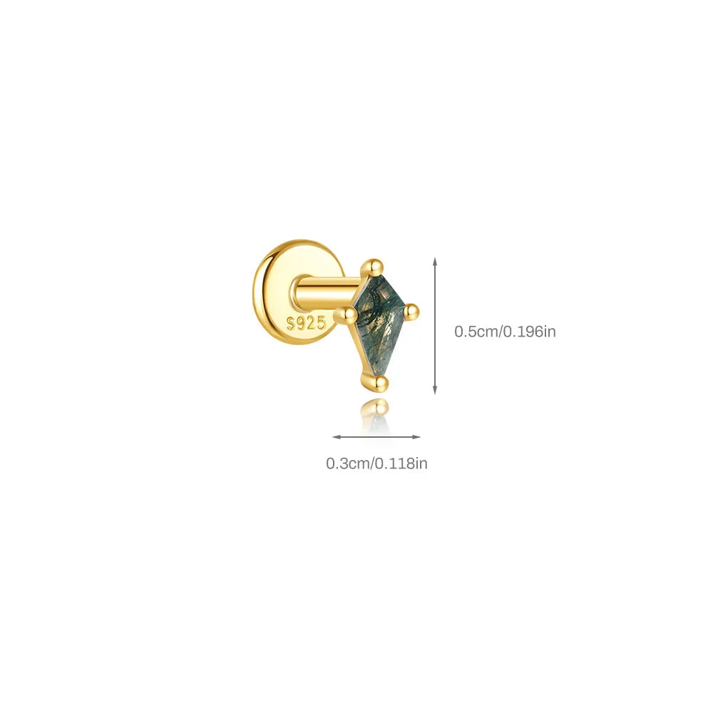 Gold earring with moss agate gemstone and measurement details on a white background