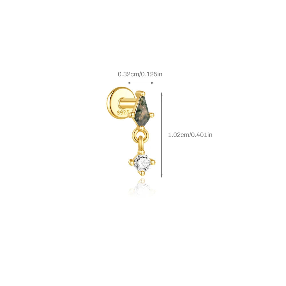 Gold earring with gemstone measurements and material details on a white background