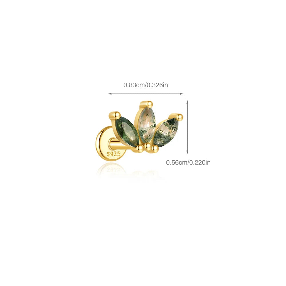Gold earring with green gemstones and dimensions on a white background