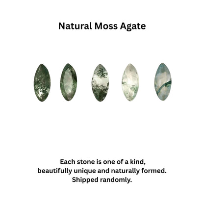 Five natural moss agate stones on a white background with text about their uniqueness.