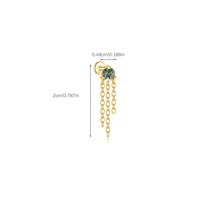 Gold earring with green gemstone and chain on a white background