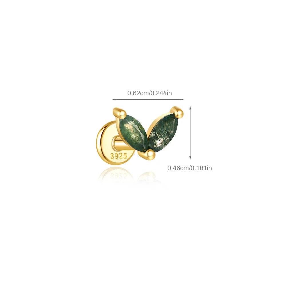 Gold earring with green gemstone and measurement details on a white background